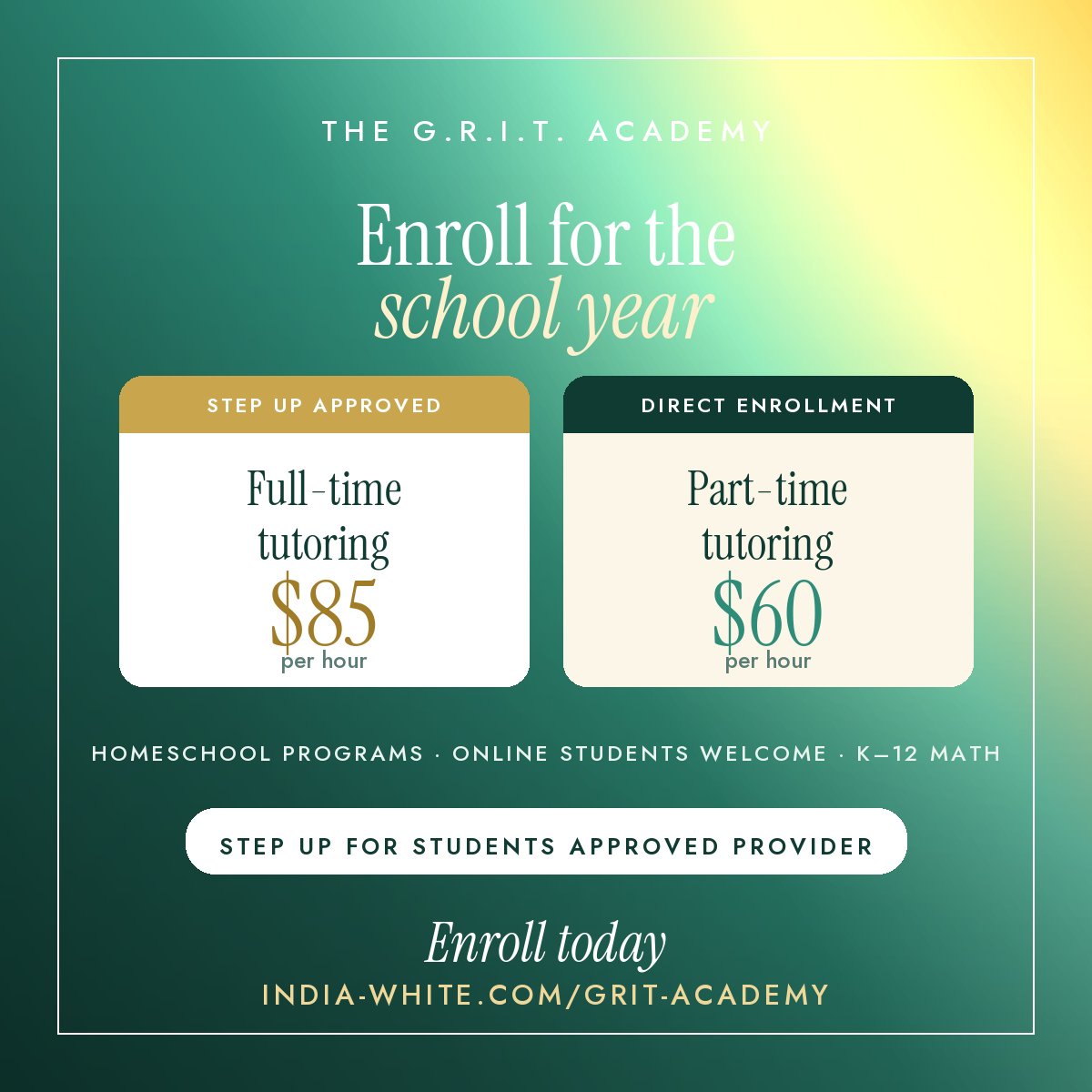 DrIndiaMath's tweet photo. ✅ Step Up For Students approved
✅ Homeschool programs for Florida families
✅ Online students welcome, anywhere
Enroll today 👉
 https://t.co/2gJD9YZKqN

#StepUpForStudents  #MathTutoring #GRITAcademy #drindiawhite https://t.co/Lgsn0c7O3d