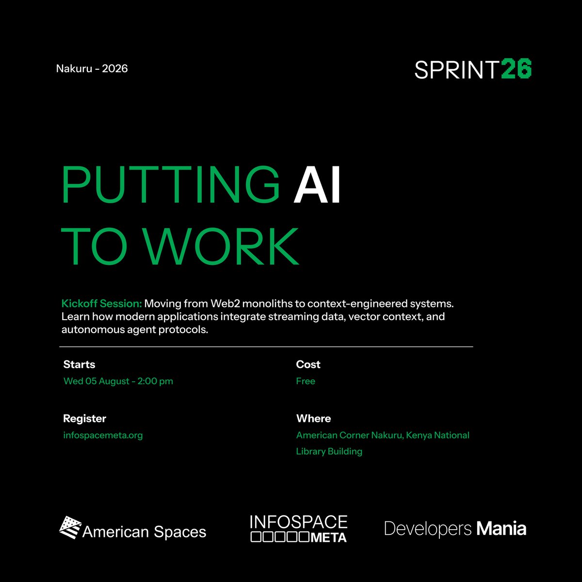 InfospaceMeta's tweet photo. Stop wrapping APIs. Start engineering systems. 🛑⚡

Kickoff of #SprintQ3: Session 01 — Systemic Intelligence Architecture.

Moving past Web2 monoliths to context-engineered systems: 
📍 American Corner Nakuru 
🗓️ Wed 05 Aug — 2:00 PM | FREE 
🎟️ RSVP: https://t.co/48STW5hlHM https://t.co/BL0dDZscbH