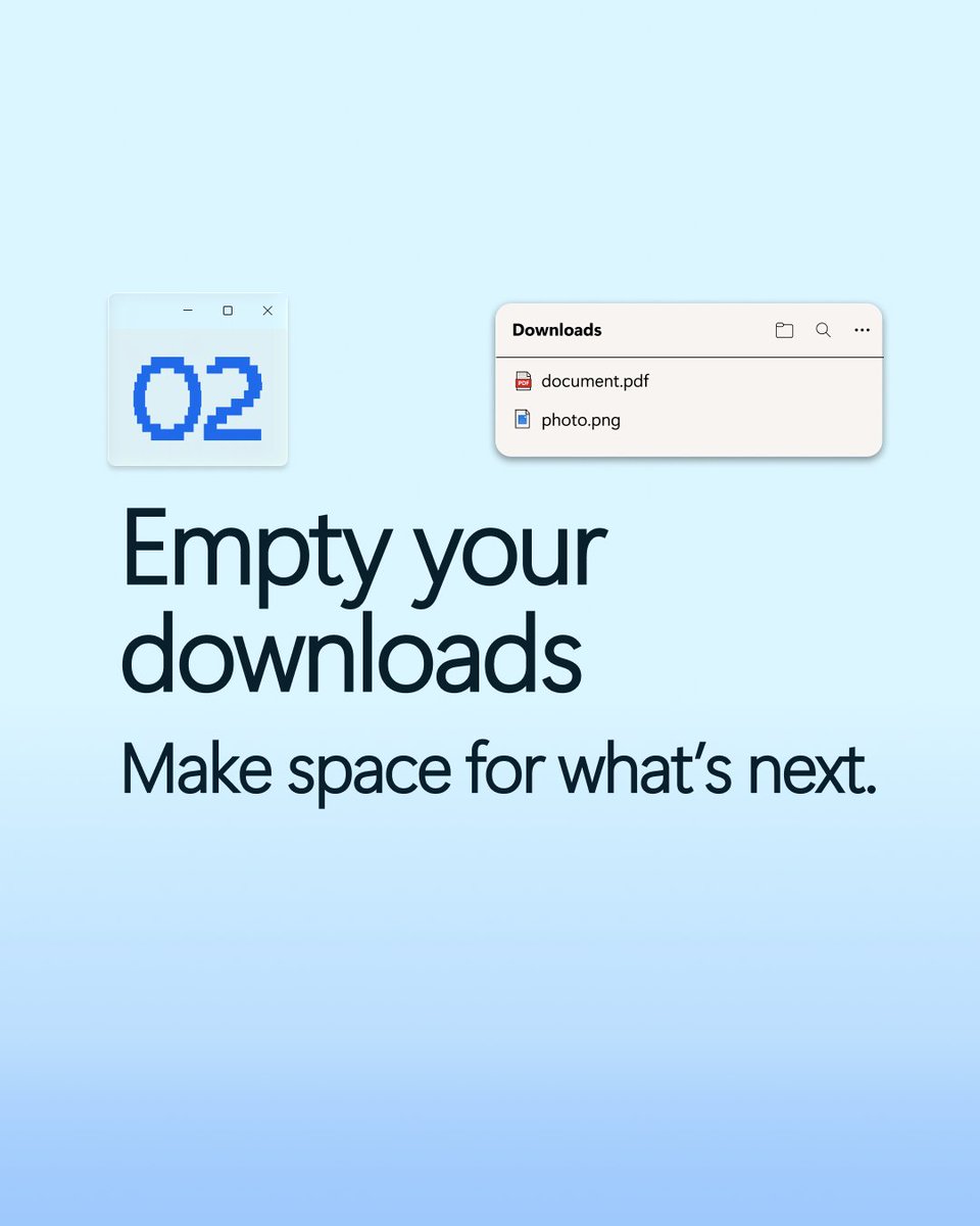 Number ‘02’ on a blue gradient background. Text reads ‘Empty your downloads’ and ‘Make space for what’s next.’ A downloads pop‑up shows document.pdf and photo.png.