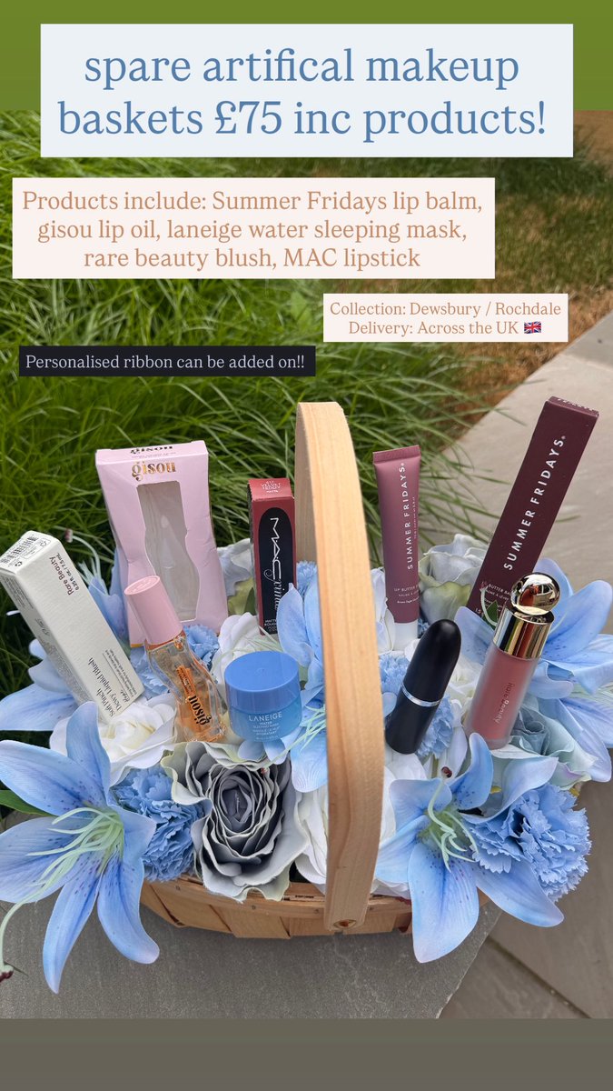 amsfloristry's tweet photo. Artificial flower baskets with 5 luxury products included! Only for ยฃ75 ๐๐ธ Drop us a message to order!! ๐ฅฐ Collection & Delivery across the UK available ๐ซถ๐ผ
#flowerbasket #makeupbasket #florals #florist #dior #makeup https://t.co/pJtxZ3QeZI