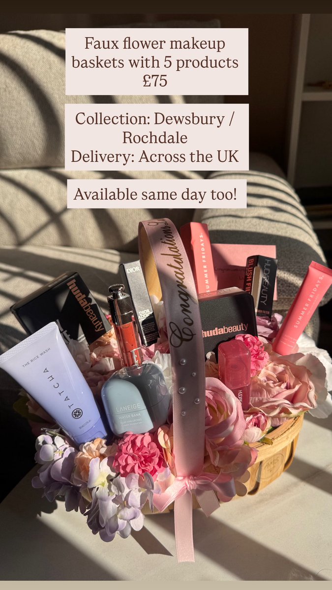 amsfloristry's tweet photo. Artificial flower baskets with 5 luxury products included! Only for ยฃ75 ๐๐ธ Drop us a message to order!! ๐ฅฐ Collection & Delivery across the UK available ๐ซถ๐ผ
#flowerbasket #makeupbasket #florals #florist #dior #makeup https://t.co/pJtxZ3QeZI