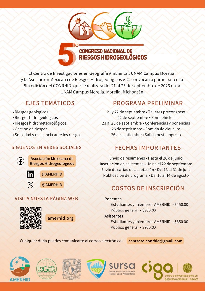 SURSA_UNAM's tweet photo. El #SURSA, la @amerhid y el Centro de Investigaciones en Geografía Ambiental #CIGA UNAM Campus Morelia te invitamos a participar en el 5to Congreso Nacional de Riesgos Hidrogeológicos #CONRHID2026
📅 21 al 26 de septiembre
🛑 INSCRIPCIONES ABIERTAS hasta el 22 de septiembre https://t.co/XJZxNVxhGM