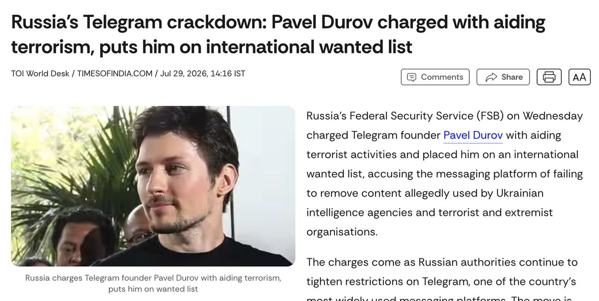 aravind's tweet photo. See my post on July 5th. Today, July 29th, Russia has charged the Telegram founder. Hope India understands the game. https://t.co/Aka3ynhH8Y