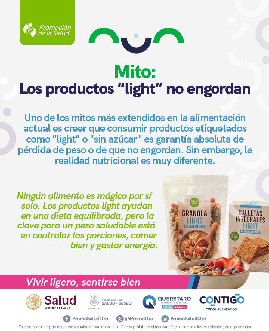 PromoQro's tweet photo. 💡🏷️ ¿Los productos "light" no engordan? ¡FALSO! Que un producto sea "light" o "sin azúcar" no significa que no tenga calorías. La clave para un peso saludable está en el control de las porciones, comer bien y mantenerse activo. 🥗🏃♂️✨#VivirLigeroSentirseBien #SESA #SESEQ https://t.co/zOxn15Cx3B