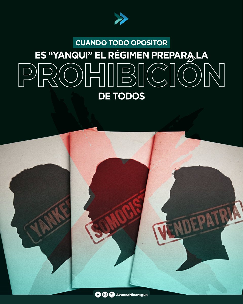 AvanzaNic's tweet photo. 🚨El régimen sandinista llama “yanqui”, “somocista” o “vendepatria” a todo el que se atreve a organizarse fuera de su control.
🗣️ Ningún partido, familia o caudillo tiene derecho a cancelar la libertad política de todo un pueblo.

#LibertadPolitica #NoAlPartidoUnico #Nicaragua https://t.co/phSPijaEuP