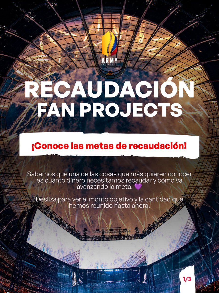 ARMYBogotaCol's tweet photo. Queremos compartir con ustedes el primer avance de la recaudación para los fan projects propuestos. La meta fue definida a partir de las cotizaciones reales de cada proyecto, teniendo en cuenta los costos necesarios para realizar las actividades planeadas durante los dos días de concierto.

💜 1,7% de la meta alcanzada
💰 Recaudado: $12.582.392 COP
🎯  𝗠𝗲𝘁𝗮 𝘁𝗼𝘁𝗮𝗹: $𝟮𝟰.𝟯𝟯𝟲.𝟭𝟬𝟲 𝗖𝗢𝗣
📉 Falta: $11.753.714 COP

Con este objetivo buscamos financiar:

📍 Publicidad exterior para los días del concierto, incluyendo carros valla y espacios publicitarios en estaciones de TransMilenio cercanas al Estadio El Campín.
📱 Stickers para los asistentes, que serán utilizados durante la actividad de iluminar el estadio con el flash del celular para formar la bandera de Colombia al inicio de "Come Over".
🎉 Banners conmemorativos para el proyecto de "Body To Body" durante "ARIRANG", para los dos días de concierto, con el objetivo de cubrir la totalidad del aforo.

✅ ¡Tenemos una gran noticia! Gracias a todo el apoyo recibido, el presupuesto de los banners ya está completamente cubierto.💜 Ahora seguimos trabajando para completar la financiación de la publicidad exterior y los stickers.

Conoce el detalle de estos valores en las imágenes.

Gracias a cada persona que ha aportado, compartido la campaña y creído en este proyecto. Cada donación, sin importar el monto, nos acerca un paso más a hacer realidad un momento inolvidable para BTS y a demostrar, una vez más, la fuerza y el compromiso de ARMY Colombia.

💜 Sigamos sumando para alcanzar el 100% de la meta.

💜 Importante: Todo el proceso busca mantenerse lo más transparente posible. El monto total de la meta incluye IVA, impuestos y costos asociados a las transacciones, por lo que refleja el valor real requerido para cubrir cada uno de los proyectos planteados.

#BTS #ARMYCOLOMBIA