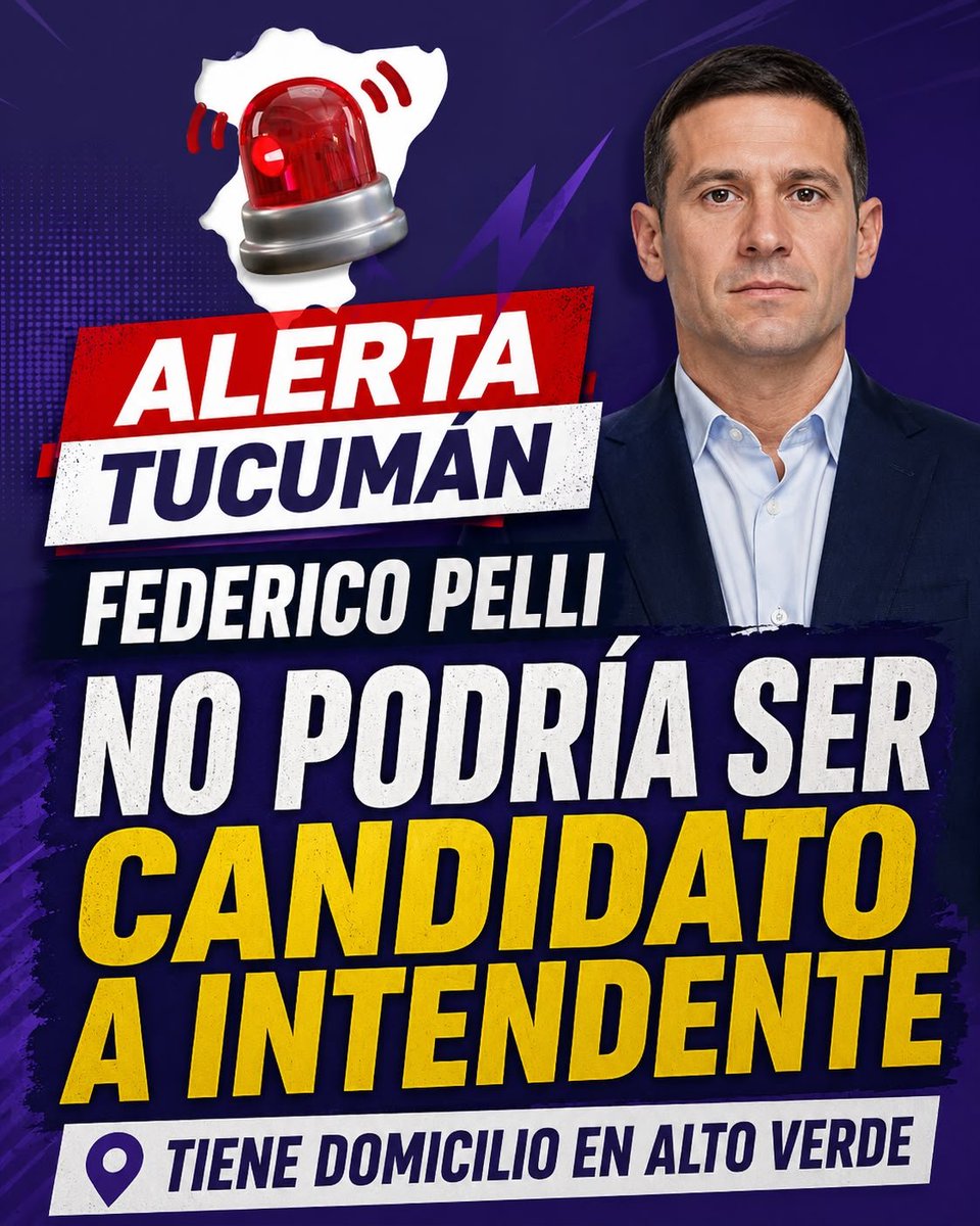 Tucumanalerta's tweet photo. ¿Pelli no puede ser candidato? Su domicilio complica su carrera por la intendencia de Yerba Buena

La candidatura de Federico Pelli a la intendencia de Yerba Buena enfrenta un serio obstáculo https://t.co/4wkXsghkRA