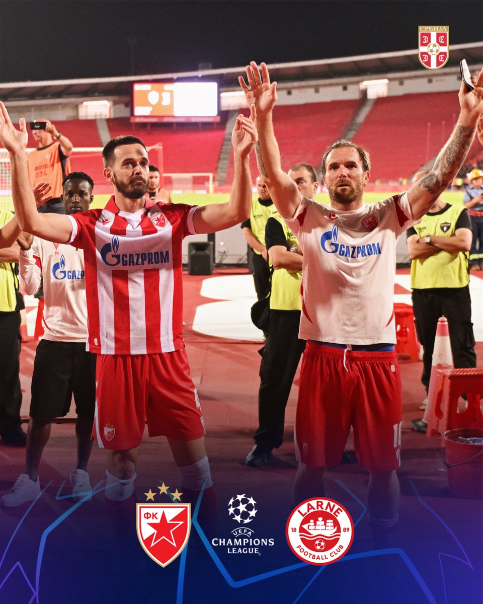 FSSrbije's tweet photo. 👊🏻 Срећно, @crvenazvezdafk! 🇷🇸

🆚 Ларн 
🏆 2. коло квалификација за Лигу шампиона
🏟 Стадион „Рајко Митић”
📍 Београд
⏰ 20.00
📺 Арена Премијум 1 и РТС 2
#️⃣ #FKCZ • #UCL https://t.co/mA3AGGZmH4
