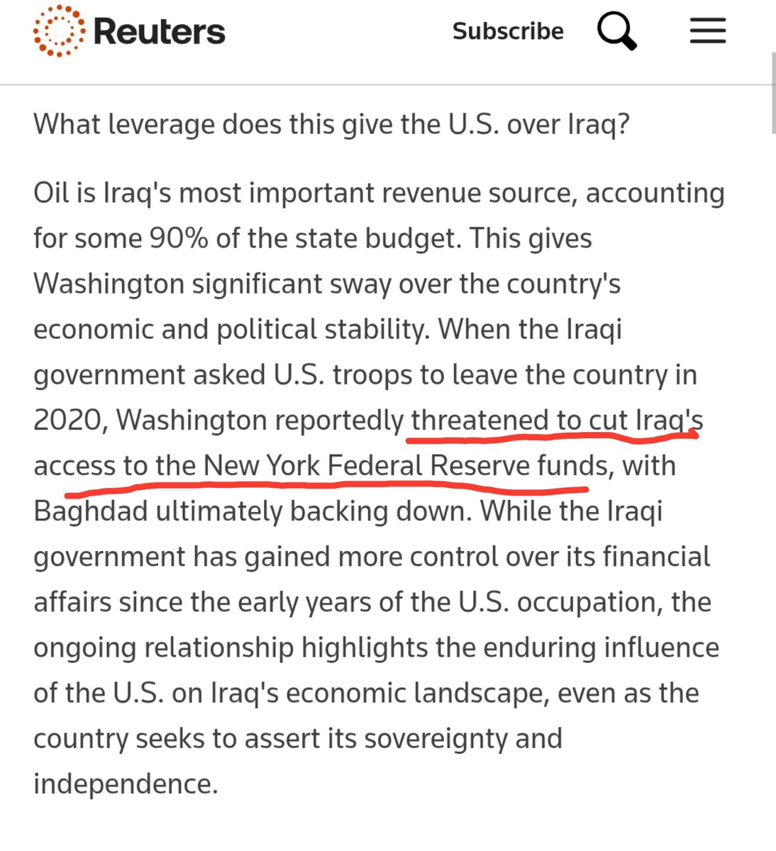 MenchOsint's tweet photo. The United States funds the Iraqi government because it controls Iraq’s resources' income, and its politics.

This arrangement benefits neither the Iraqi people nor the American people, but only a small number of individuals, some expansionist state.

So yes: stop funding the Iraqi government (and leave Iraq as well).