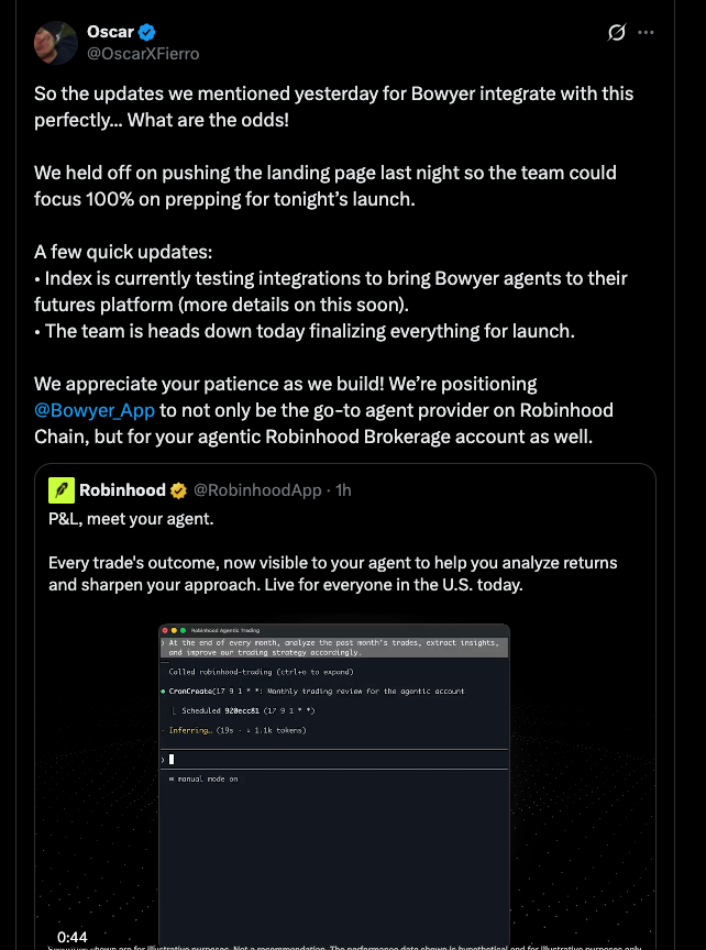 ARiHBARi's tweet photo. 🚨BREAKING $BOWYER NEWS: ACCORDING TO @ROBINHOODAPP EMPLOYEE OSCAR; " @THEINDEXFI IS CURRENTLY TESTING INTEGRATIONS TO BRING @BOWYER_APP AGENTS TO THEIR FUTURES PLATFORM"🚨 https://t.co/yyvZx9ygIC