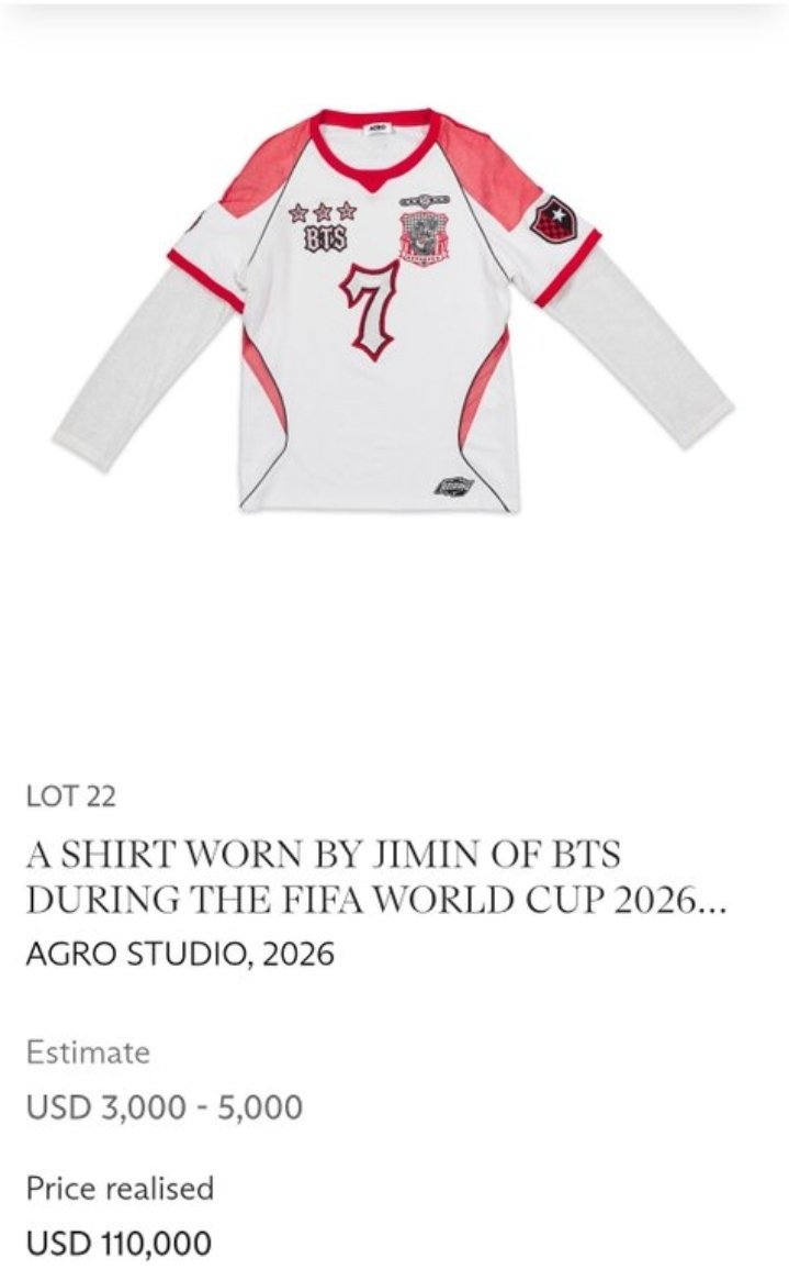 jmpopbase's tweet photo. Jimin's FIFA World Cup halftime show jersey officially closed at $110K with 77 bids, securing the highest bid item of the auction. All proceeds will support the FIFA Global Citizen Education Fund. https://t.co/LwatObRvBI