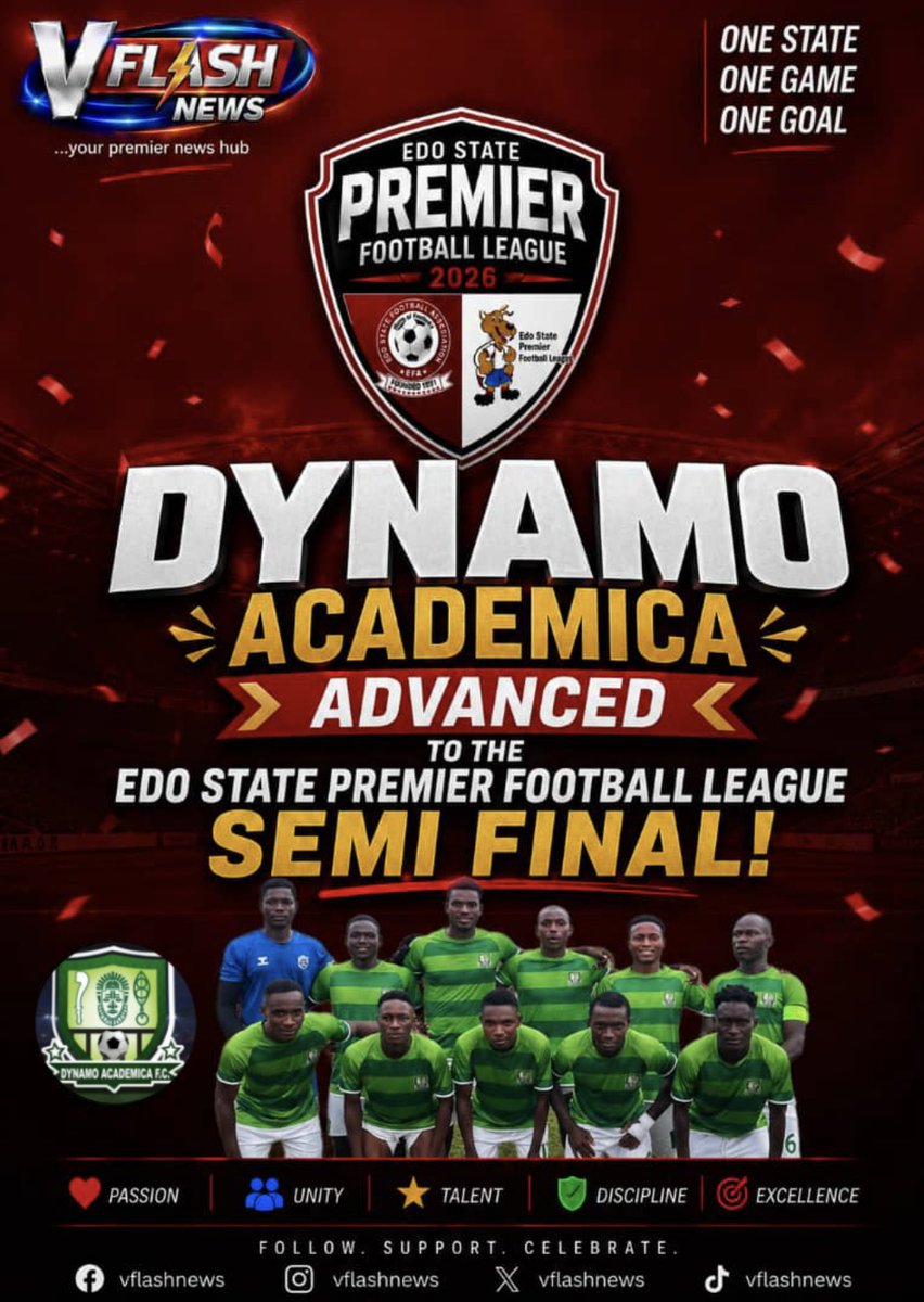 vflashnews's tweet photo. 🎉 Congratulations to Dynamo Academica on reaching the 2026 Edo State Premier League Semi-finals! 👏

The journey ends here for Victoria FA, who bow out after a spirited campaign.

#ESPL2026 #VFLASHNews #edopremierfootballleague2026 https://t.co/nCQGVjrfi1