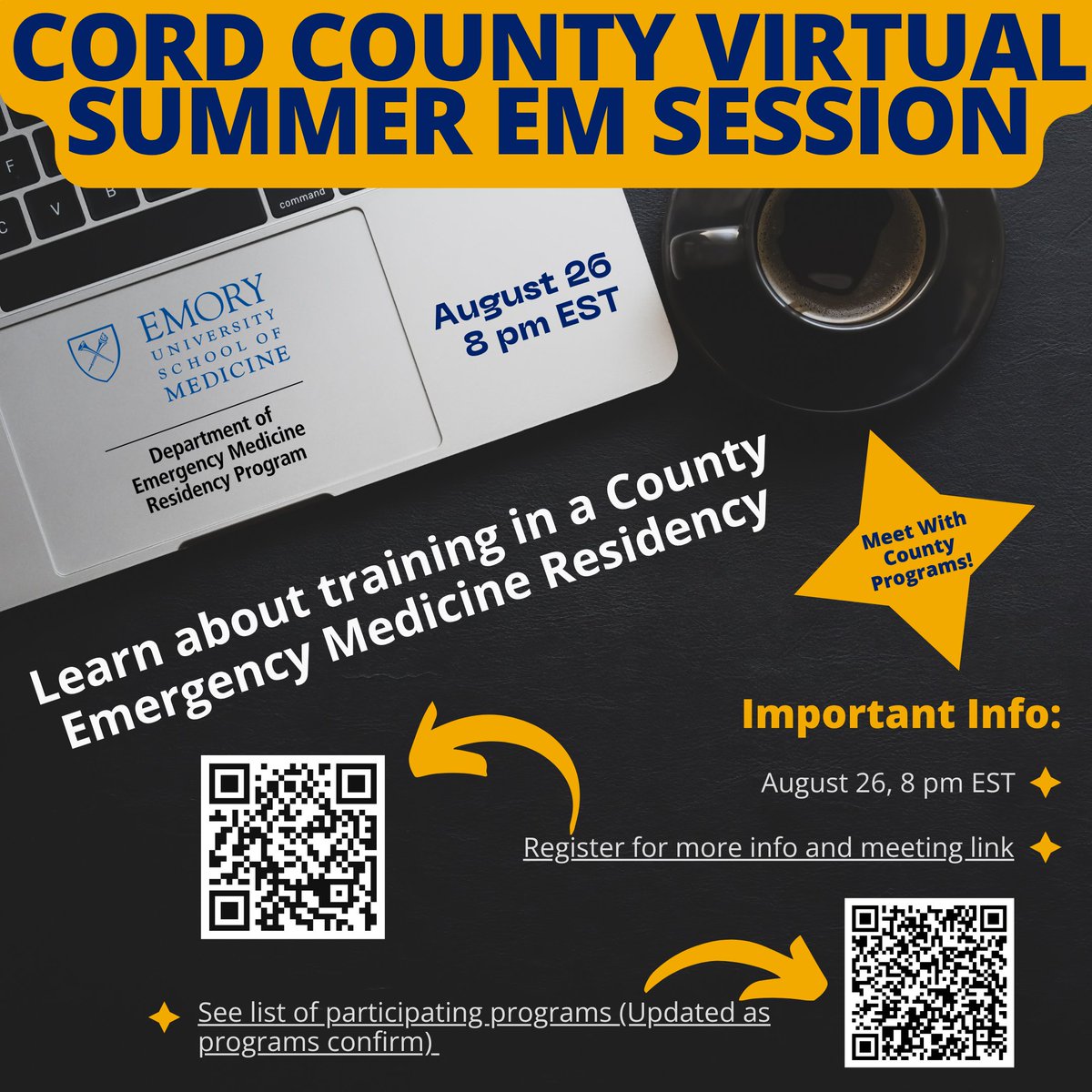 EmoryEM's tweet photo. 🚨Register today to meet #EmoryEM at the @CORD_EM County Virtual Summer EM Session on Wednesday, August 26 at 8 p.m. EST.
Register and learn more here: https://t.co/V8V24XGf5V
Dynamic list of participating programs: https://t.co/mB3ZVbSmxn
@JeffEMdoc
#Match2027 #EMBound https://t.co/Bt3H83R7kh