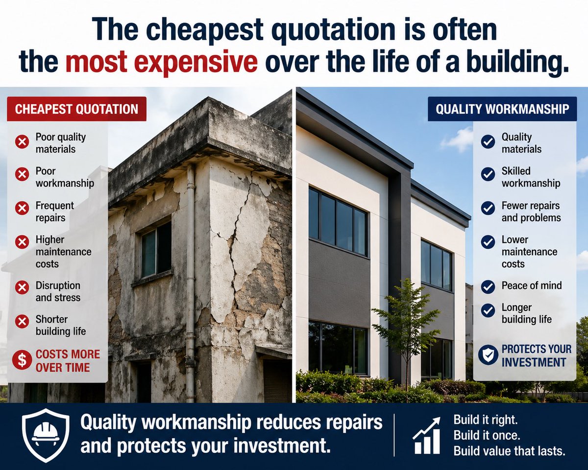Inocapvt's tweet photo. The cheapest quotation is often the most expensive over the life of a building. 

Quality workmanship reduces repairs and protects your investment. https://t.co/ULkBNAU0st