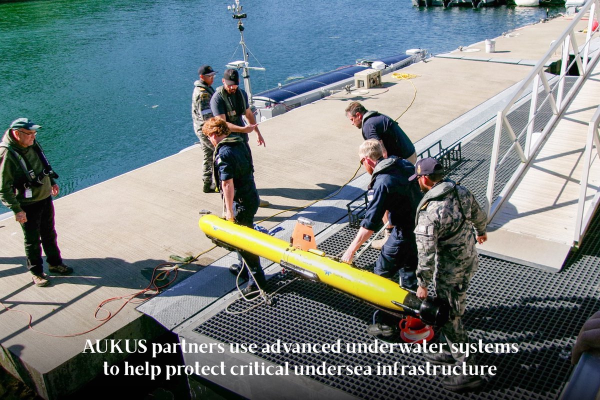 UKdefenceUS's tweet photo. The @RoyalNavy tested the latest tech with AUKUS allies to help protect critical undersea infrastructure. 

Planning is already underway for the next AUKUS Pillar 2 exercise, bringing allies even closer across maritime, air, cyber and space. 🇬🇧🇺🇸🇦🇺 https://t.co/OdDz5MRUrl