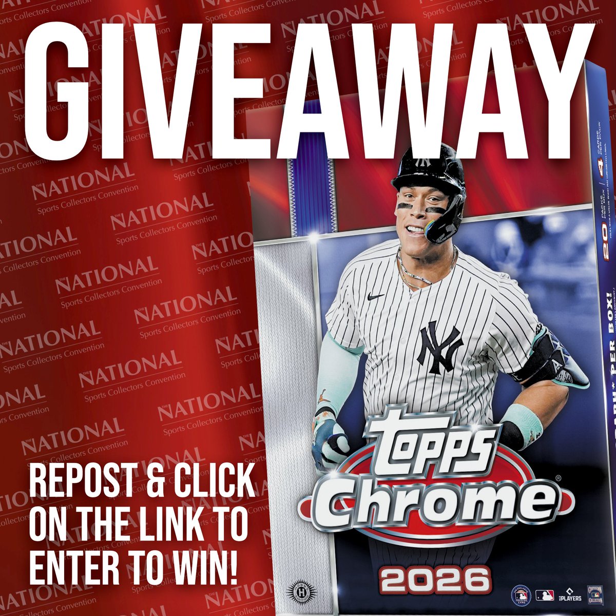 SCCTradingCards's tweet photo. Our 2026 National Sports Collectors Convention Giveaway is here!

Repost then click this link to enter to win a 2026 Topps Chrome Baseball Hobby Box 👉 https://t.co/X1kQCUSEyU

Winner picked Monday, August 3, 2026. Must complete entry through Gleam to be eligible to win.