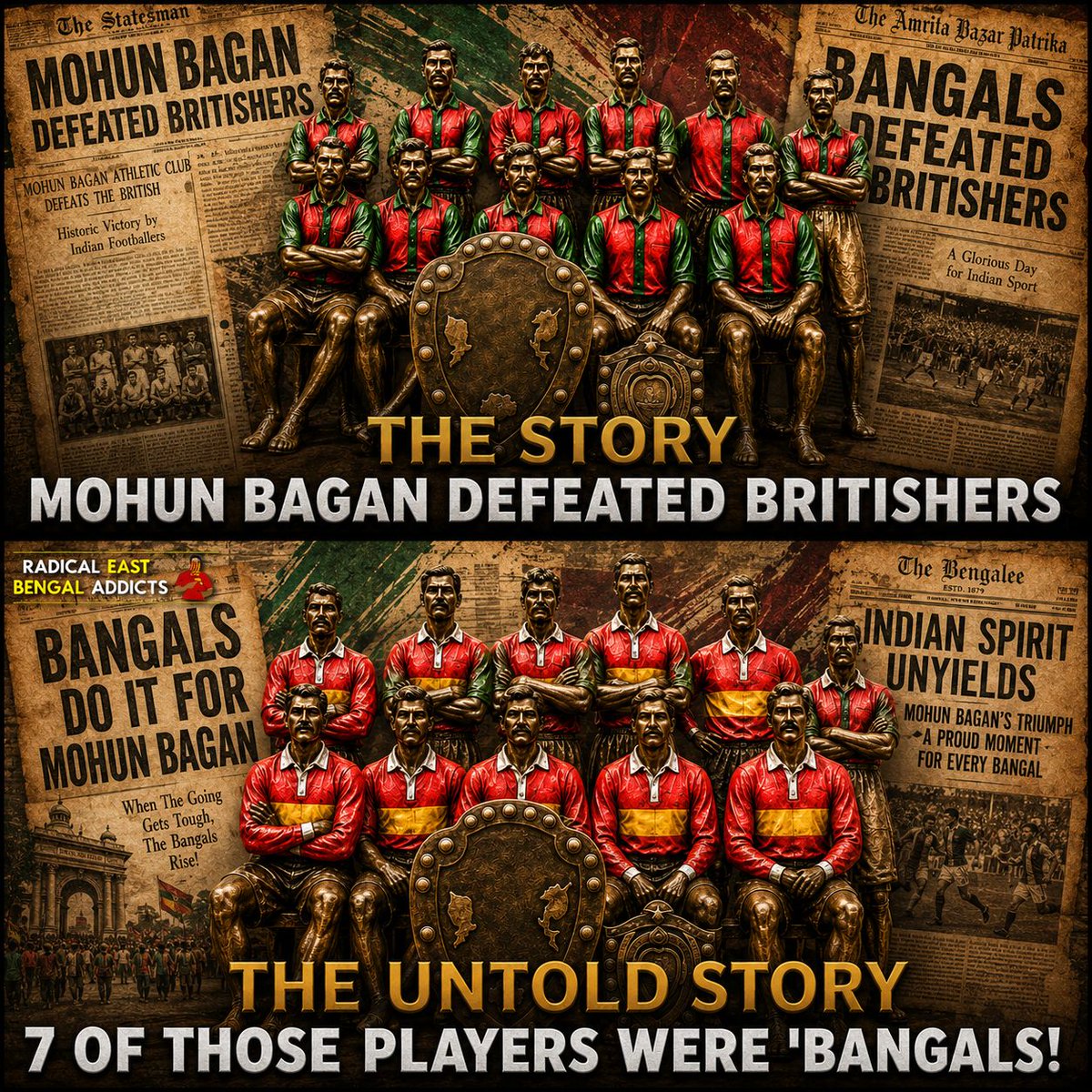 RadicalEB1920's tweet photo. Happy Mohun Bagan Day...
OTD in 1911 Mohun Bagan defeated Britishers with majority Bangal players hailing from East Bengal.

#joyeastbengal #mohunbaganday #indiansuperleague #kolkataderby #eastbengalfc https://t.co/Ei0pqHkMKi