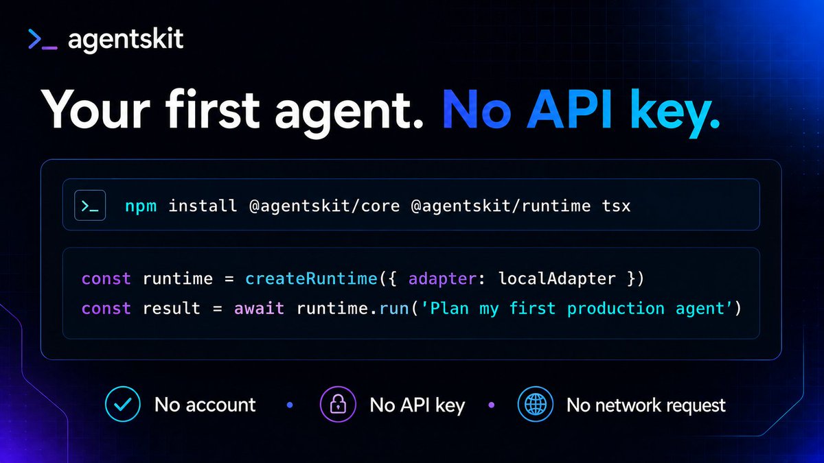 agentskit's tweet photo. Your first AgentsKit agent needs no account, API key or network request.

Install @agentskit/core + @agentskit/runtime, plug in a local adapter and call https://t.co/A9vMyukNd7().

Start with the contracts. Connect any supported provider later.

https://t.co/WRHtsCnhNL https://t.co/1ZwvWYLIcA