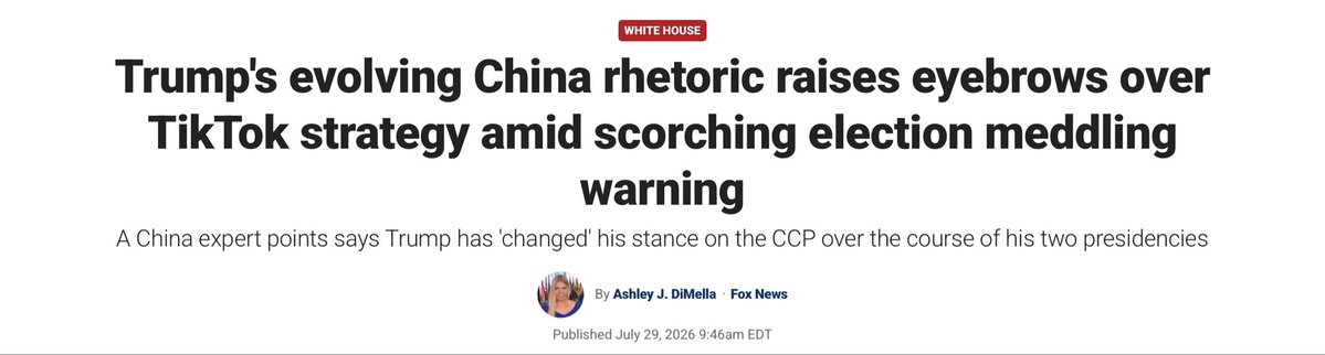 michaelsobolik's tweet photo. Grateful to @FoxNews for featuring my concerns about TikTok and the Trump administration’s approach to China.

“President Trump just told the nation that China tried to influence the 2020 election and weaken his presidency. During that same year, the intelligence community identified TikTok as a primary vector of CCP influence in the United States,” @HudsonInstitute Senior Fellow Michael Sobolik, who specializes in U.S.–China relations, told Fox News Digital.

“Beijing still controls the algorithm, which means that the very dangers Trump raised persist today,” Sobolik added.

Trump has long taken a hard line on China, using tariffs, trade pressure and national security warnings to frame Beijing as one of America's chief adversaries.

In his recent address to the nation, the president accused the Chinese Communist Party (CCP) of running a “sinister” campaign to interfere in U.S. elections and influence Americans and undermine his presidency.

Yet just five days later, on July 21, Trump suggested “China is maybe a little bit different today.” It struck a softer tone that falls more in line with the president's backing of a deal to keep TikTok operating in the U.S., despite seeking during his first term and at the start of his second to force the app out over national security concerns.

“The CCP hasn’t changed. Xi Jinping hasn’t changed. But President Trump has,” Sobolik detailed.

“He’s much more conciliatory toward China in his second term than he was in his first. He risks telegraphing significant weakness to Xi by letting China off the hook.”