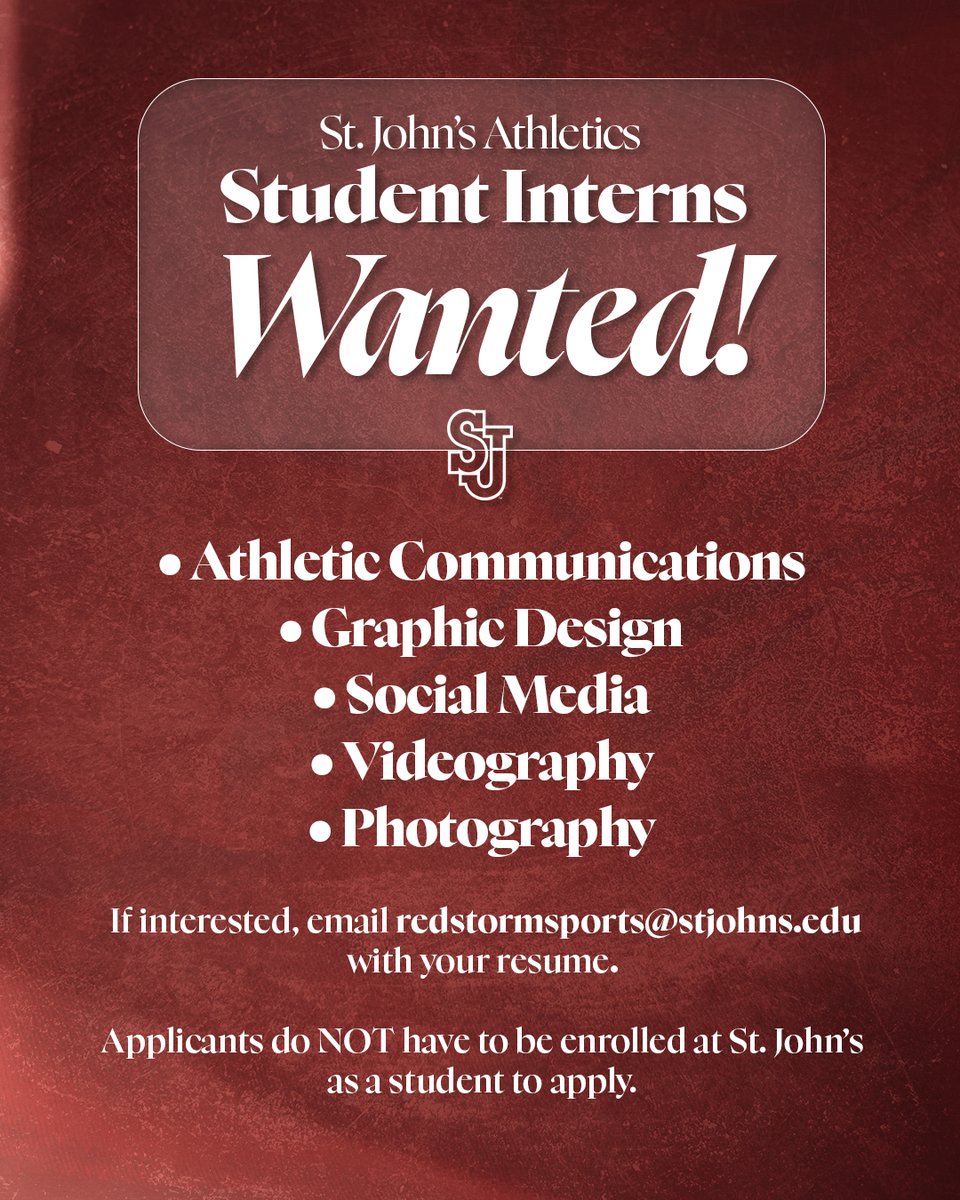 StJohnsRedStorm's tweet photo. ⚡️ INTERNS WANTED ⚡️

Interested in working with St. John's Athletics?

Email your resume to redstormsports@stjohns.edu and someone will be in touch about working with us this season! 🔴⛈️ https://t.co/xOsVl1E30b