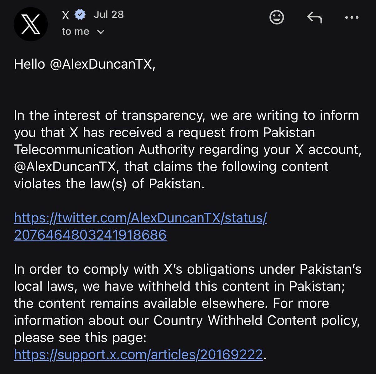 AlexDuncanTX's tweet photo. Another day and another email from X advising that the filthy Islamic State of @GovtofPakistan is crying and alleging that I’m committing blasphemy under Sharia. This just further proves why we need to eradicate Islam in its entirety from America. https://t.co/cZoLUq96Hu