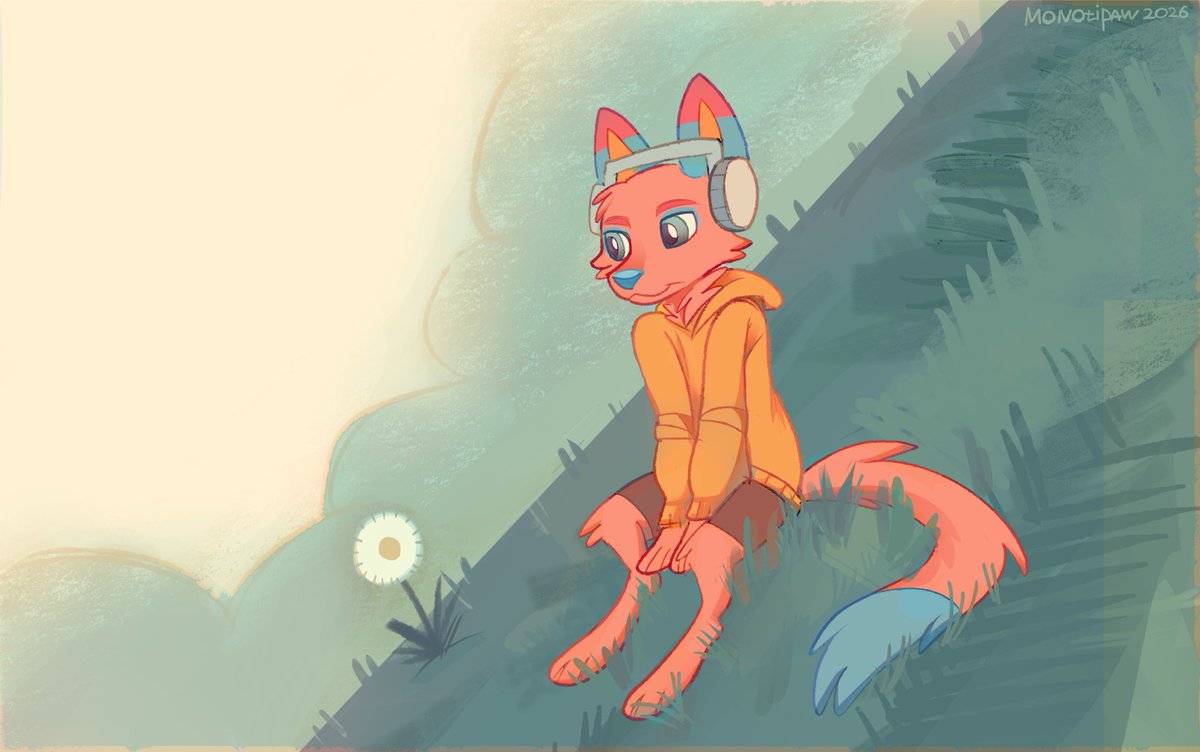 MONOTIPAW's tweet photo. Cold mountain sunset after a loud week 🏔️🌅

Sometimes you just need to sit here, breathe and let everything fall into place for a moment

What’s your quiet place when the head gets too noisy? 

#furry #furryart #anthro #digitalart #sunset https://t.co/wwp7CK6x2n