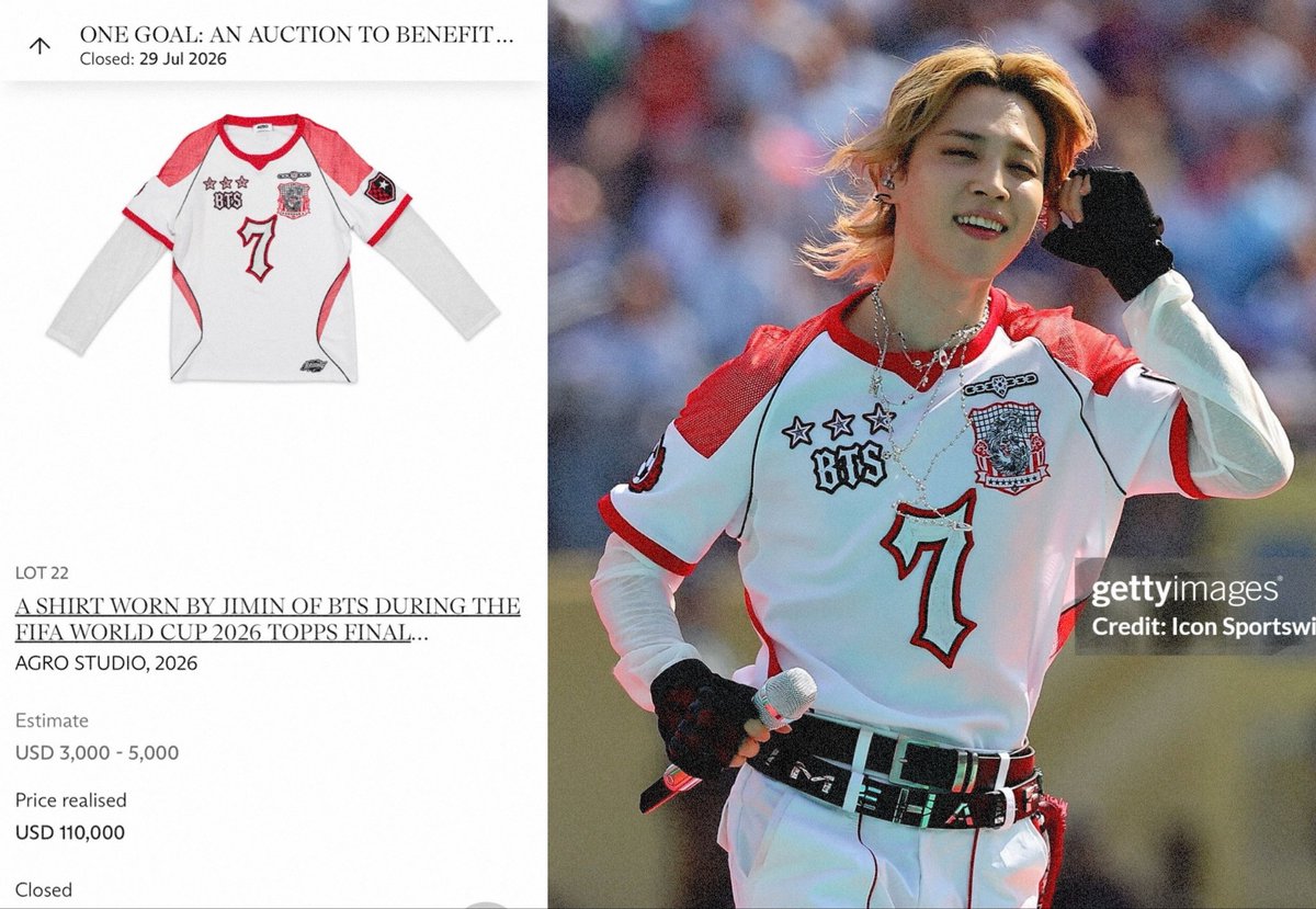 JM13ROY's tweet photo. #Jimin’s shirt for FIFA World Cup 2026 halftime show is the highest item in the FIFA charity auction with $110K ⚽️🔥

YEAH THIS IS #JIMINEFFECT EVERYONE TALKING ABOUT ❤️‍🔥

CONGRATULATIONS JIMIN
PROUD OF YOU JIMIN 
#JiminAtTheWorldCup
#JiminForFIFA https://t.co/EJj0iSA1z4