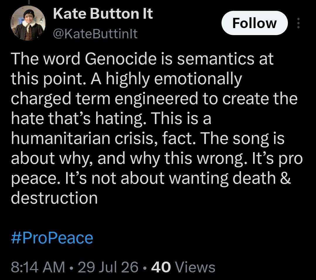 WasYa475's tweet photo. #KateButtonIt ,Calling  genocide "semantics" is an insult to actual human suffering. It is a specific crime under international law defined by the UN , not a word invented to "create hate." There is absolutely nothing "pro-peace" about @BoyGeorge @OtherBoyIsBack 
#BoyGeorge song https://t.co/PHRDv8ZolW