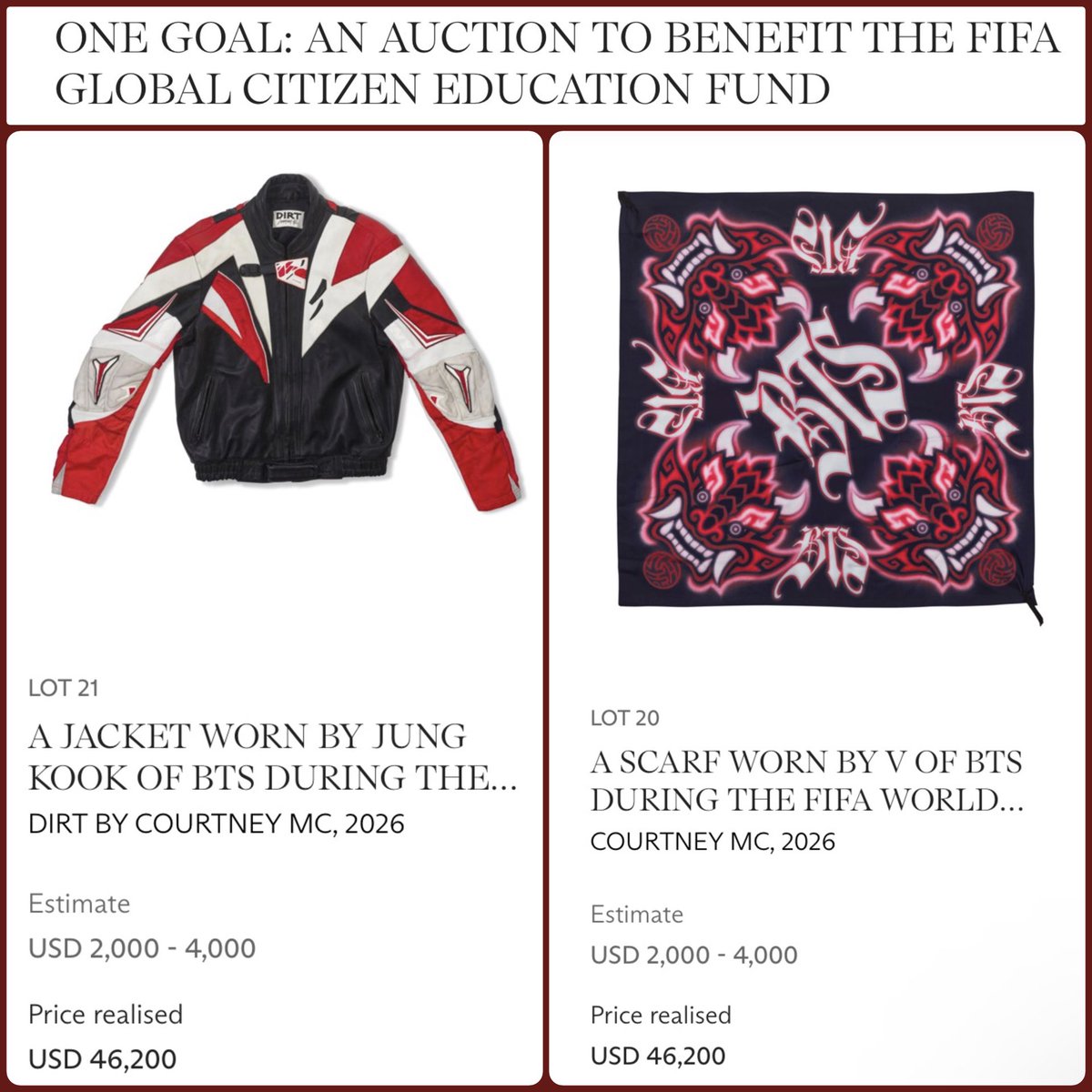 TaeKook_USA's tweet photo. BTS’ World Cup Halftime Show performance outfits weren’t just iconic, they helped make a difference. 💜

Jungkook’s jacket and Taehyung’s scarf each sold for $46,200 at Christie’s One Goal charity auction, with proceeds benefiting the FIFA Global Citizen Education Fund. What an incredible legacy. 🌍✨