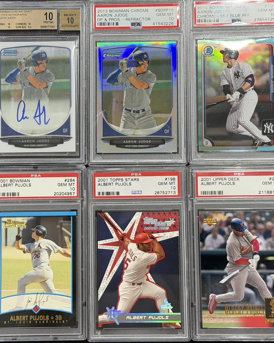 Teamsets4u's tweet photo. Aaron Judge and Alber Pujols RC #PSA10 Available at the National Card Show in Chicago by Scottsdale Cards.  Booths 712/718 near the main enterance#thenational #nscc25 #PSA10 #UpperDeck #Topps #Bowman https://t.co/HvHulvQbdZ