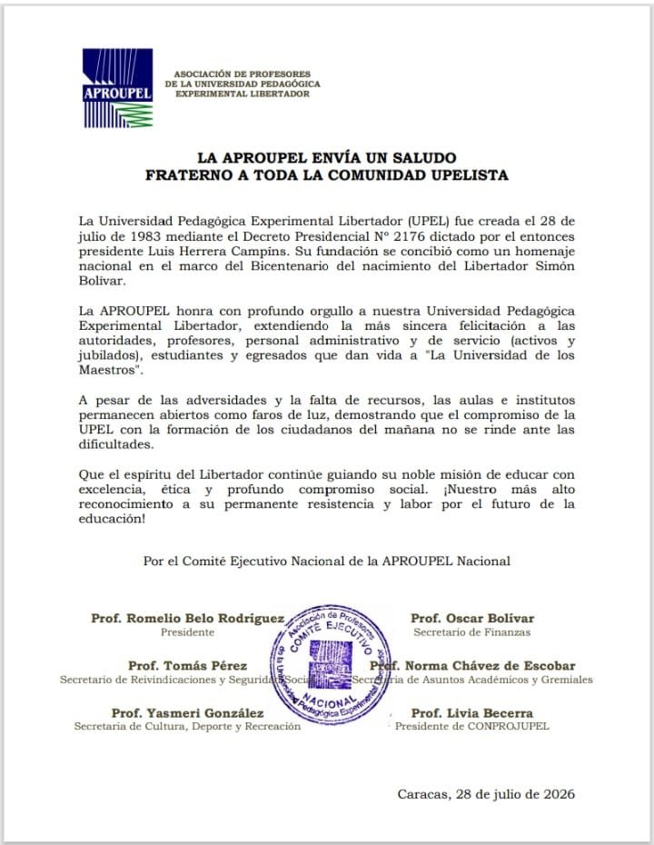 FAPUV's tweet photo. Acompañamos a la APROUPEL  en este homenaje a la Universidad Pedagógica Experimental Libertador, por un nuevo aniversario de su creación y su compromiso con la educación de los venezolanos. #UniVe https://t.co/6qz56XUPQr
