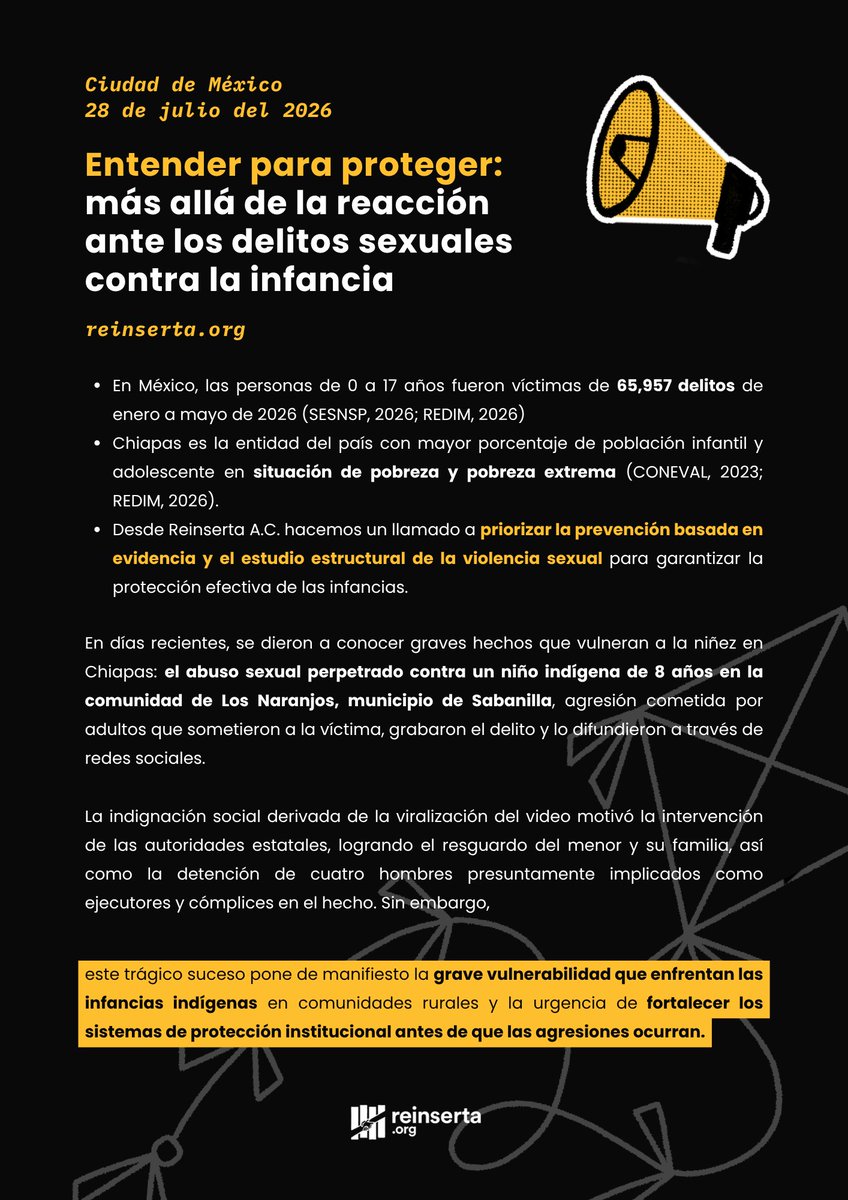 Reinserta's tweet photo. 📣La violencia sexual contra infancias no empieza con un video viral. 
En Chiapas, el caso de un niño de 8 años evidencia la urgencia de fortalecer la prevención y protección de este delito. 
⚠️Desde Reinserta hacemos un llamado urgente  a entender este fenómeno para prevenirlo. https://t.co/CDaFtBMcu3