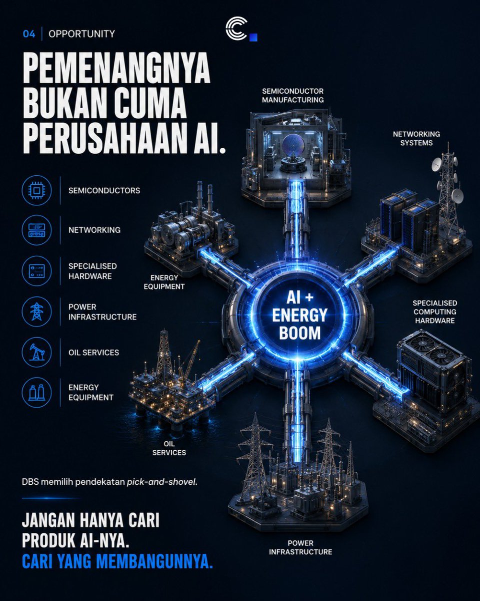 Cryptogen_id's tweet photo. Dunia tidak hanya sedang mengalami AI boom.

Kita sedang memasuki siklus investasi baru yang ditopang dua kekuatan sekaligus: AI dan energi.

Semakin besar kebutuhan komputasi, semakin besar pula kebutuhan terhadap chip, data center, jaringan, listrik, dan infrastruktur energi. https://t.co/5BRtZ1AeCT