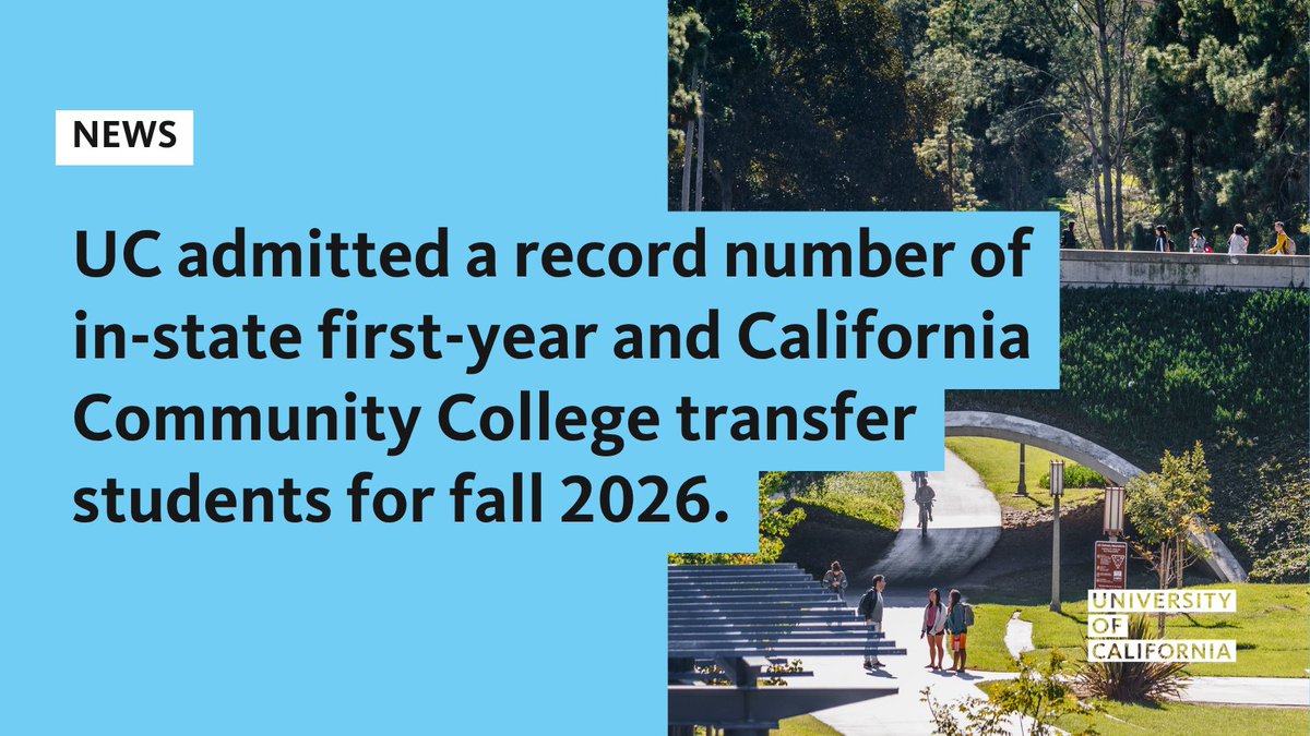 UofCalifornia's tweet photo. Committed to serving California: UC admitted a record number of in-state first-year students and transfer applicants from @CalCommColleges for fall 2026, according to preliminary admissions data.   

Read the full report: https://t.co/LGWKkeiCsV https://t.co/O3MKhfnSBi