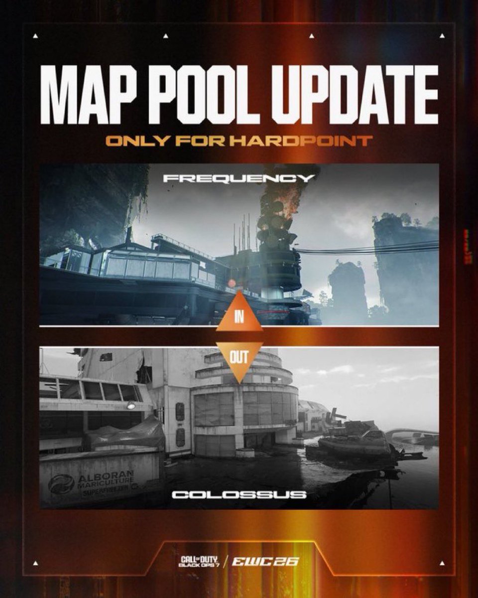 TheFlank's tweet photo. 🚨 BREAKING: Frequency Hardpoint will REPLACE Colossus Hardpoint for EWC 2026!

W or L change for the map set? 👇 https://t.co/HYXhYep6F6