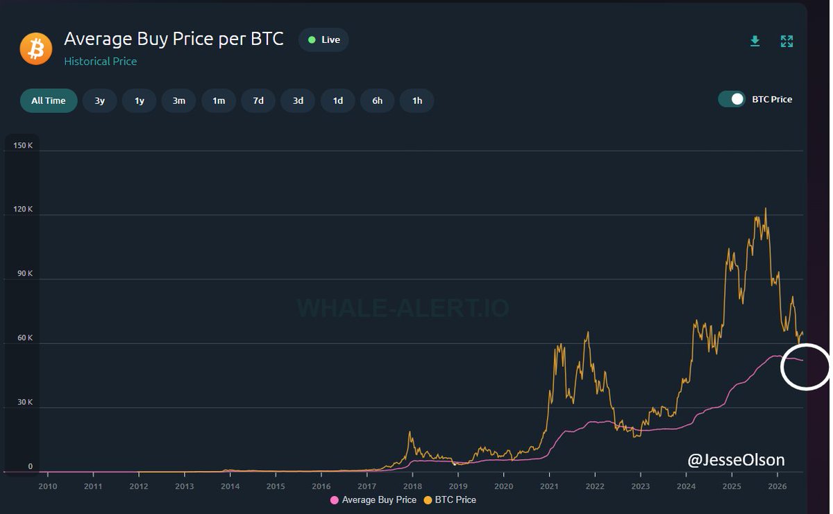 JesseOlson's tweet photo. $BTC average buy price has dropped to $52,153.

Pink line will be retested before the next bull run. 

J.O. Charts > Noise 🤝 https://t.co/g0PCE9HhJX