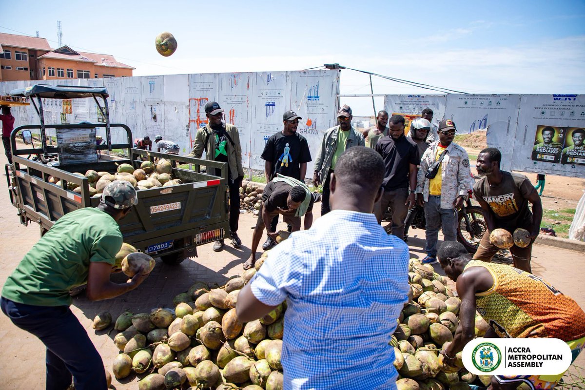 SIKAOFFICIAL1's tweet photo. The Accra Metropolitan Assembly (AMA) has arrested 46-year-old coconut trader Emmanuel Awotwi for allegedly converting a designated pedestrian walkway into an unauthorised storage and trading space, in breach of the Assembly’s Control of Hawkers By-law, 2017, Sub-section (d).

The suspect was arrested after an AMA task force found him occupying a substantial portion of a bus stop along Professor John Evans Atta Mills High Street, near the Arts Centre, with more than 500 coconuts stored for sale.

[📸: Accra Metropolitan Assembly]