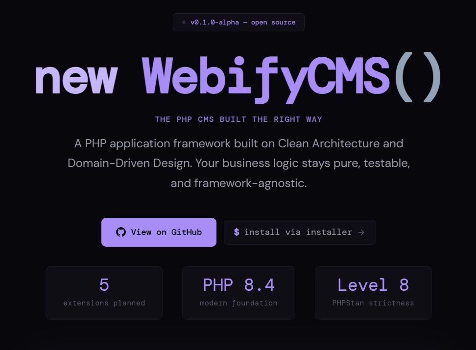 Shifreen's tweet photo. 🚀 WebifyCMS just shipped its first alpha release — "Bedrock" (v0.1.0-alpha)
WebifyCMS is a PHP application framework built on Clean Architecture and Domain-Driven Design.
#CMS #PHP #DDD #CleanArchitecture https://t.co/CS6yGLLZqw