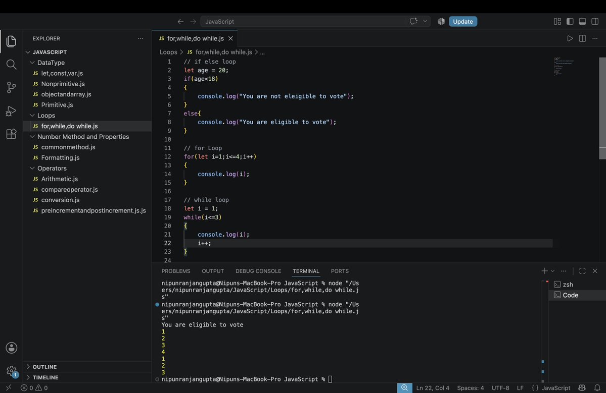 senodev_'s tweet photo. 📘 JavaScript Day 4 🚀
✅ Learned for, while, and do...while loops.
✅ Started learning the basics of Strings.
✅ Explored Math methods: floor(), ceil(), round(), trunc(), and pow().
✅ Learned number formatting with toFixed() and toPrecision().
💻 Small progress every day. https://t.co/mvBqDphtJ9