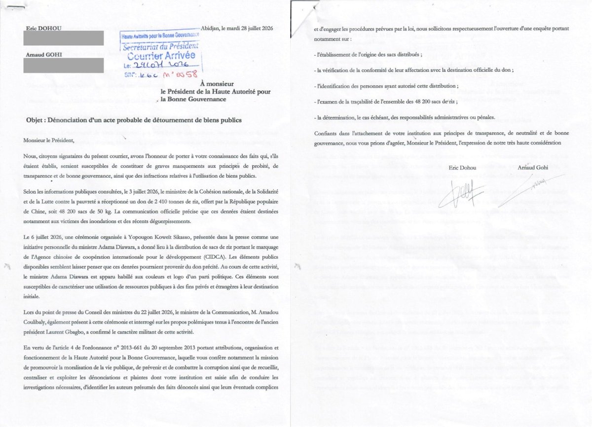 ArnaudGOHI2's tweet photo. Avec Éric Dohou, nous avons saisi la HABG au sujet de la distribution suspecte de riz. Si des ressources publiques ont servi des intérêts militants, des sanctions doivent suivre. Les institutions se jugent à leur courage d’agir, pas à leur existence. https://t.co/u4E7GitMeZ