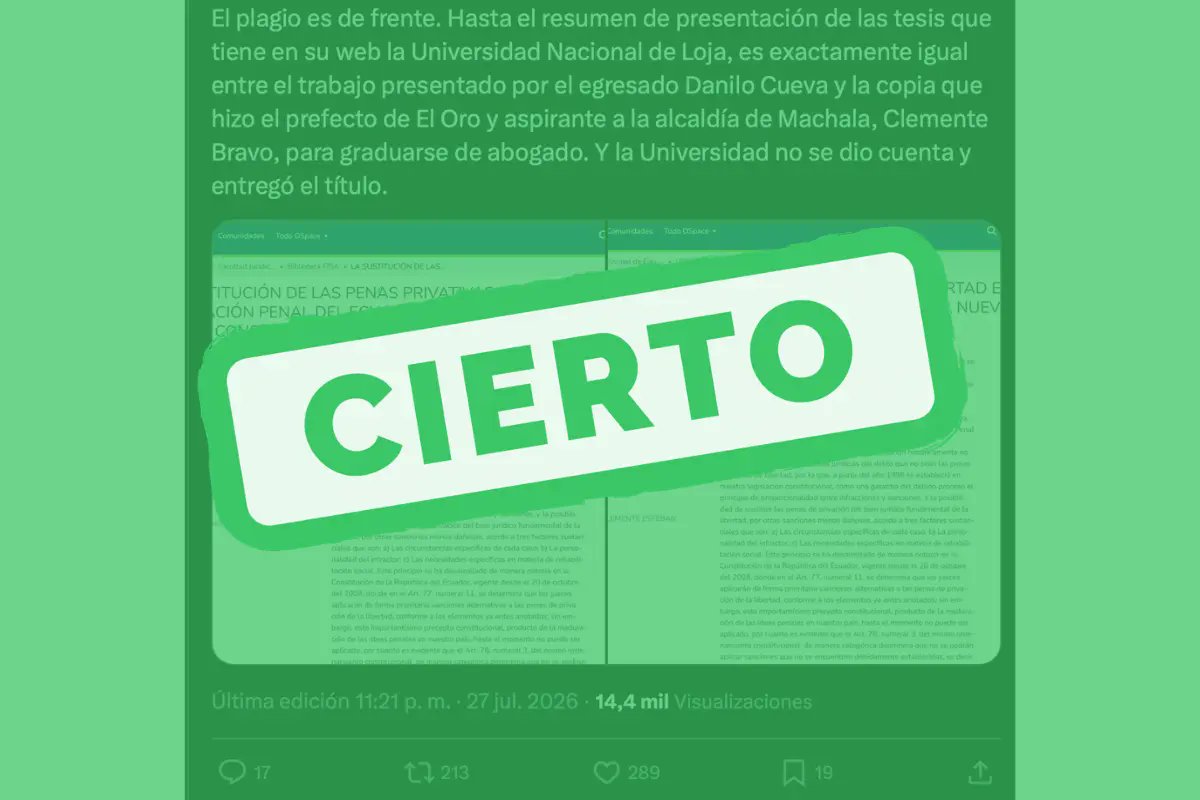 lahistoriaec's tweet photo. Confirmada nuestra confirmación. La plataforma @ECUADORCHEQUEA corroboró nuestra revelación de que la tesis que presentó el prefecto de El Oro y aspirante a la alcaldía de Machala, Clemente Bravo, es una copia/pega de otra tesis hecha dos años antes. Bravo no ha dicho una palabra sobre este tema.