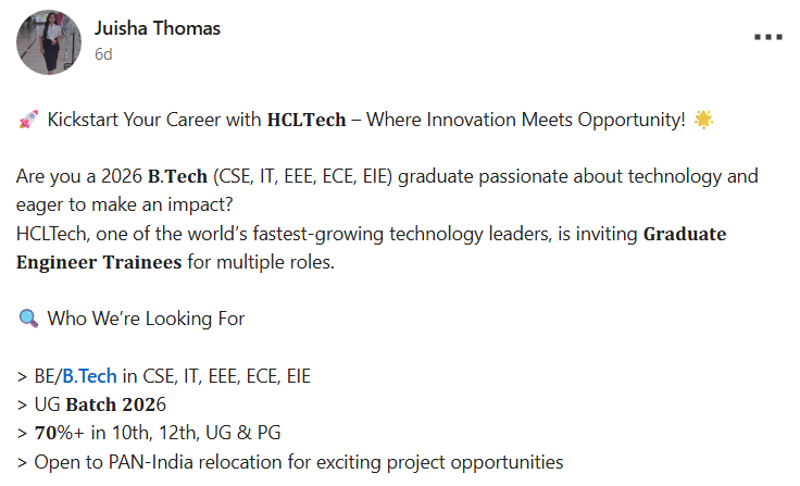 fjafreshers's tweet photo. 🚨 HCL #HiringFreshers

💼 Graduate Engineer Trainee
🎓 Eligible Batch: 2026
📍 Interview: Bangalore &amp; Chennai
📍 Job Location: PAN India

🔗 Apply Now: https://t.co/Tpfyw5kVKB
👉 Follow for daily freshers jobs

#HCLJobs #FreshersJobs #GraduateEngineerTrainee #EngineeringJobs https://t.co/lbm8IfQtc7