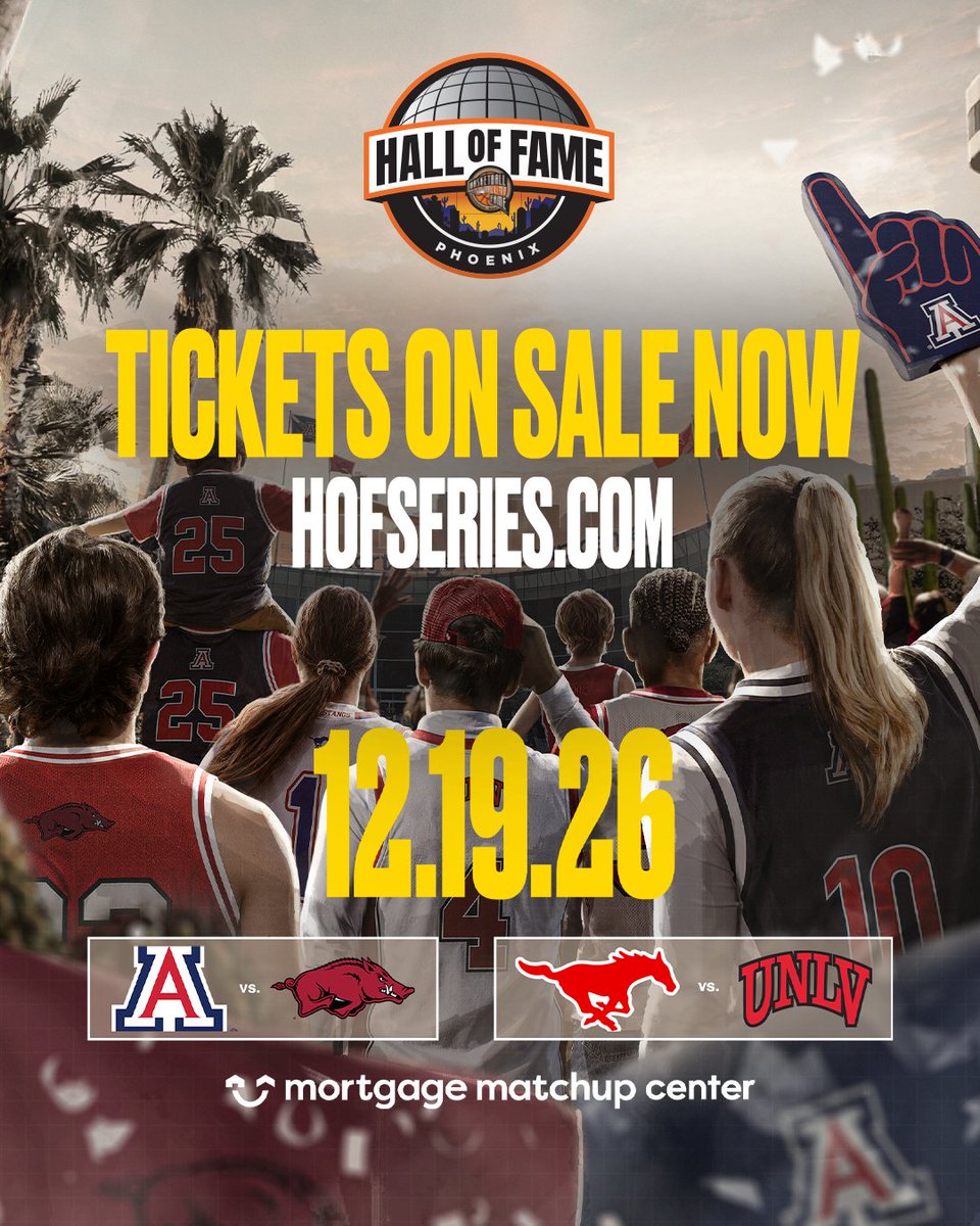 MMCenter_PHX's tweet photo. ON-SALE NOW: Hall of Fame Series is returning to Phoenix on December 19, featuring Arizona vs Arkansas and SMU vs UNLV. Get your tickets now! 🏀

🎟️: https://t.co/ri6pJkq6gT https://t.co/d4uM4aBWm0