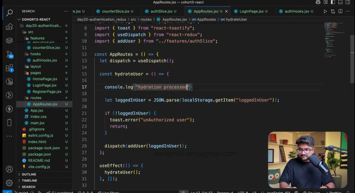 prathamkave's tweet photo. Redux Learning Session ⚛️ at @sheryians_ COHORT 3.0

• Authentication with Redux
• Hydrating Redux state after reload
• Auth-based navigation

#ReactJS #ReduxToolkit #Authentication #ProtectedRoutes #JavaScript #Cohort3 #SheryiansCodingSchool https://t.co/ublnQrp2h2