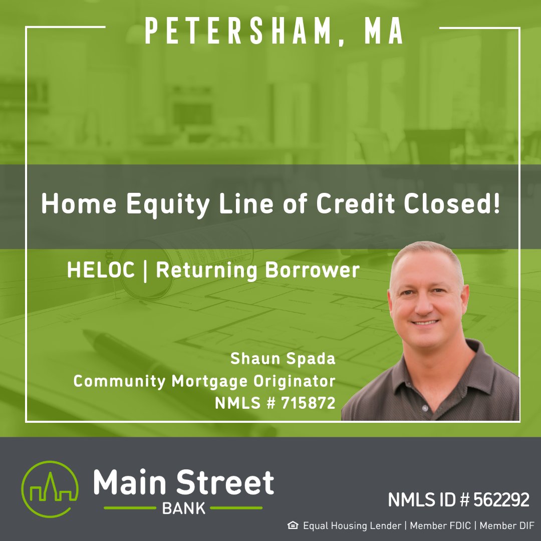 BankMainStreet's tweet photo. Proud to share another Home Equity Line of Credit recently closed in Petersham, MA! Shaun Spada, Community Mortgage Originator is here to guide you through your options. #HELOC #Mortgage #Community 🏡

NMLS #715872

https://t.co/5hP1VwclNK https://t.co/SAQxURlejz