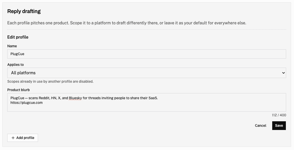 sidneycur's tweet photo. New in PlugCue: Reply Drafting. #1

You found the thread. Now write the reply. That's the part that eats time.

PlugCue drafts it for you!

AI-written, pitched to your product, ready to copy. Different pitch per platform if you need it. Find the opportunity, ship the reply. https://t.co/5rmPnr8oPQ