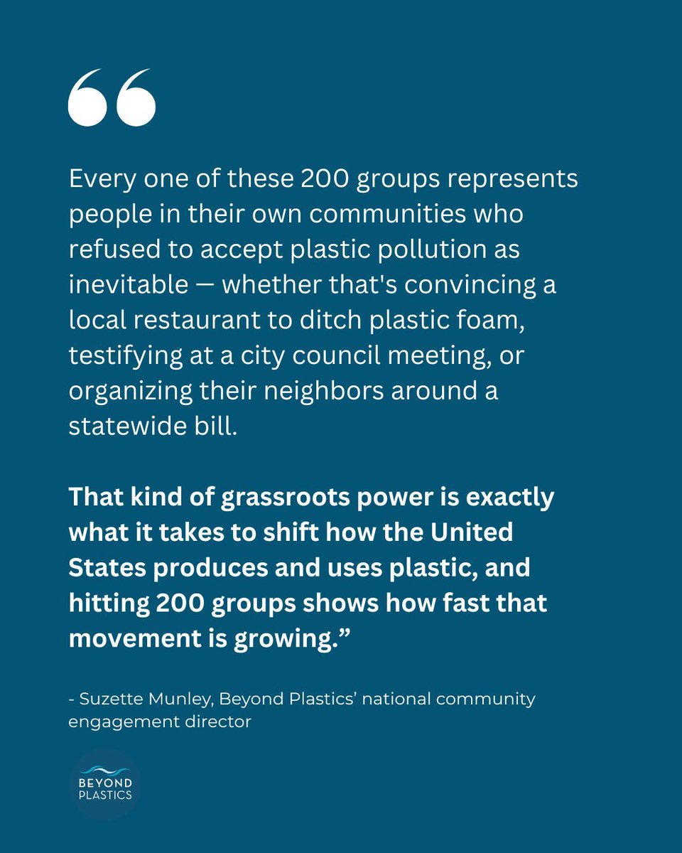 PlasticsBeyond's tweet photo. Major milestone alert: the Beyond Plastics Network now has 200 Local Groups and Affiliates nationwide! 🎉

Launched in 2022, the Beyond Plastics Network provides local groups with training, tools, and a national platform to organize around shared goals: reducing single-use plastic, holding corporations accountable for their pollution and false recycling claims, and advancing local and state legislation like the Packaging Reduction and Recycling Infrastructure Act in New York State.

Thank you to every one of our Local Groups and Affiliates who made this milestone possible. We're grateful to be in community with you as we work together to end plastic pollution.