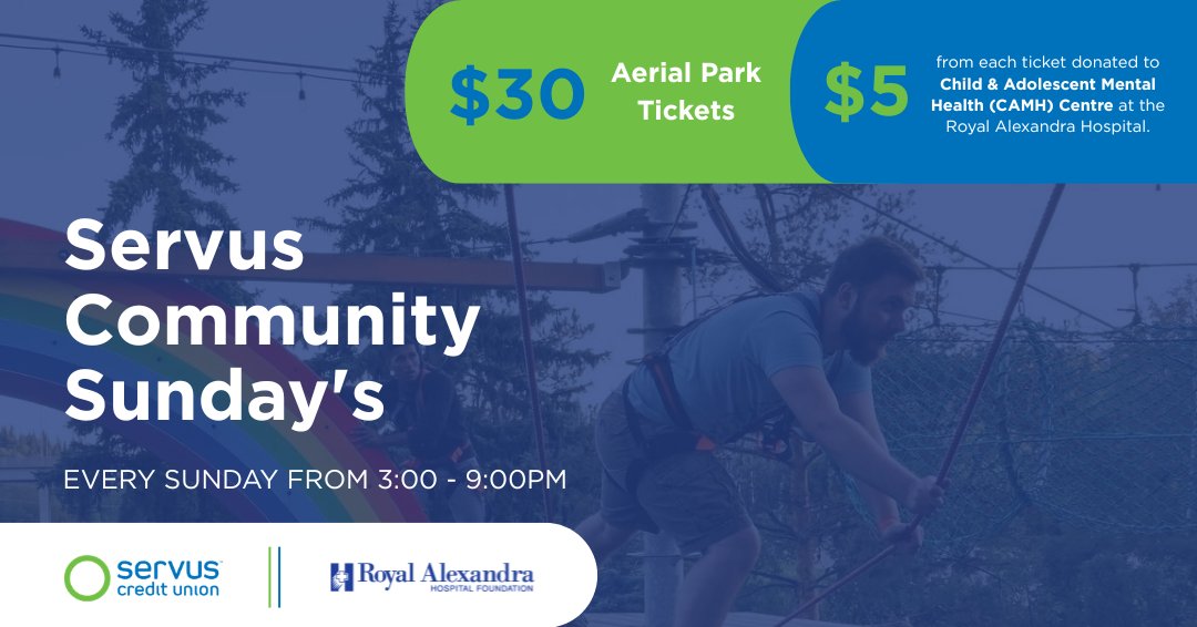 rahfoundation's tweet photo. @ServusCU Community Sundays are BACK! ☀️

Every Sunday from 3–9 PM, enjoy the Aerial Park for just $30/ticket. Plus, $5 from every admission supports the Child and Adolescent Mental Health (CAMH) Centre at our hospital. 💙 https://t.co/3OnizkGY1G