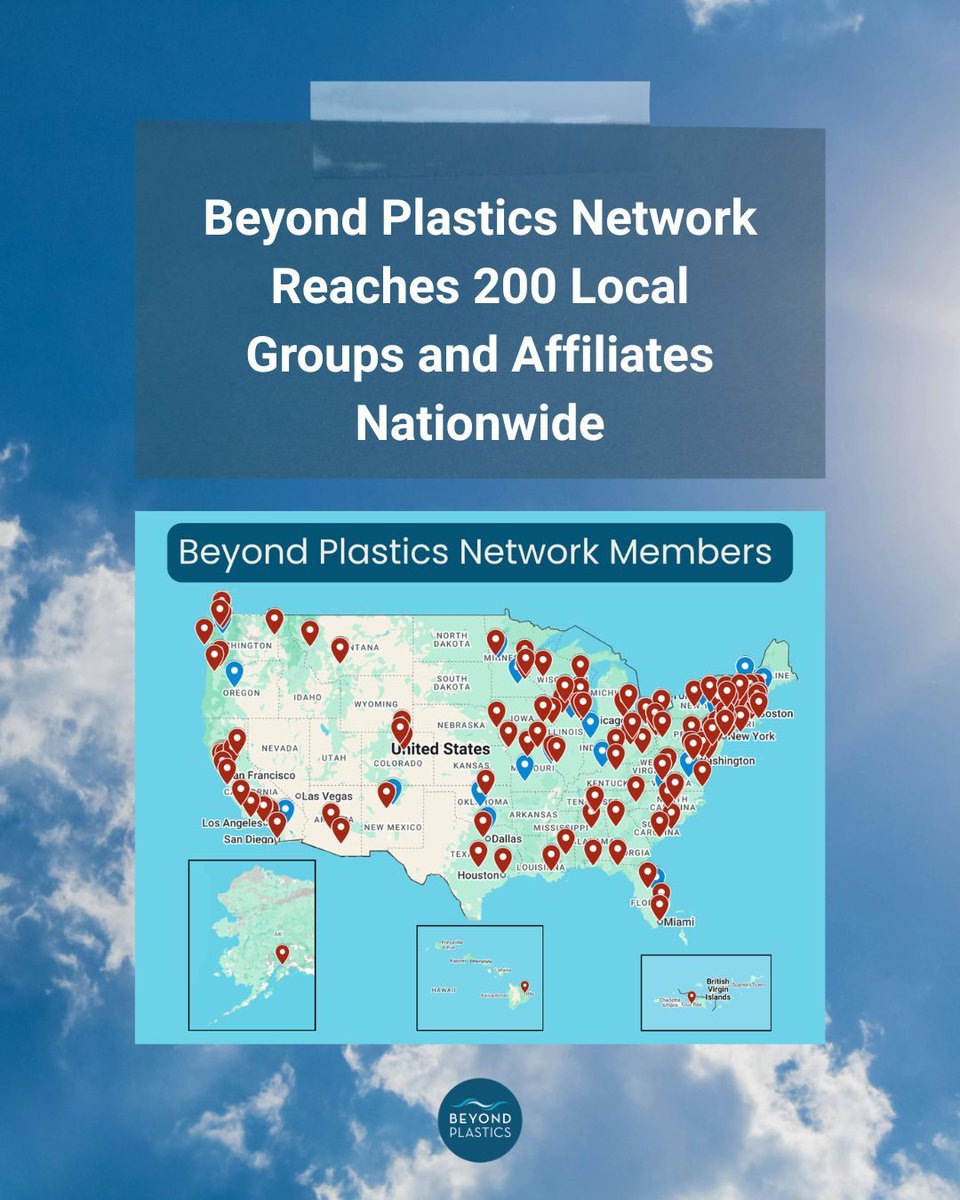 PlasticsBeyond's tweet photo. Major milestone alert: the Beyond Plastics Network now has 200 Local Groups and Affiliates nationwide! 🎉

Launched in 2022, the Beyond Plastics Network provides local groups with training, tools, and a national platform to organize around shared goals: reducing single-use plastic, holding corporations accountable for their pollution and false recycling claims, and advancing local and state legislation like the Packaging Reduction and Recycling Infrastructure Act in New York State.

Thank you to every one of our Local Groups and Affiliates who made this milestone possible. We're grateful to be in community with you as we work together to end plastic pollution.