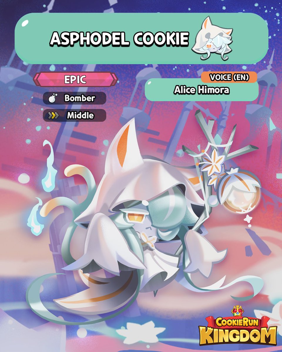 CRKingdomEN's tweet photo. This Cookie is purrrfect for the Kingdom! 🐱 Please welcome @AliceHimora as the voice of #AsphodelCookie! 🐈🤍

#CookieRun #CookieRunKingdom #VoiceActor https://t.co/WPi1XmJaTC